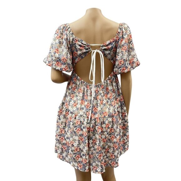 MINKINK Arve Floral Puff Sleeve Mini Dress Open Back Tie Detail Square Neck S - Picture 4 of 12